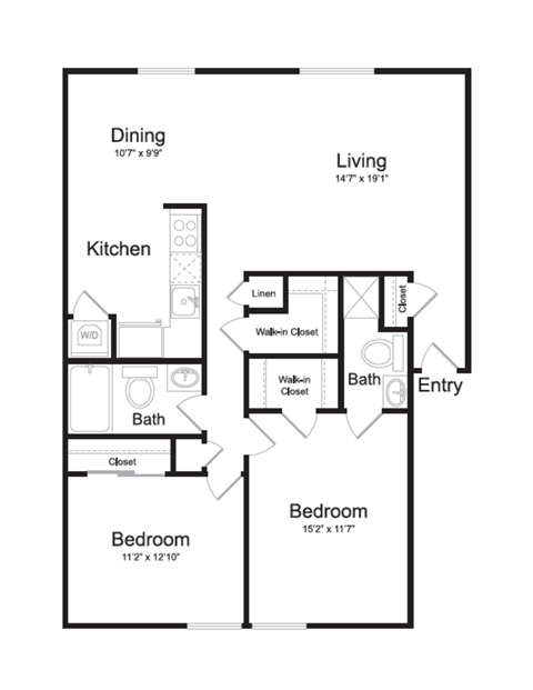 Floor plan for 2 beds, 2 baths, 1152 sqft